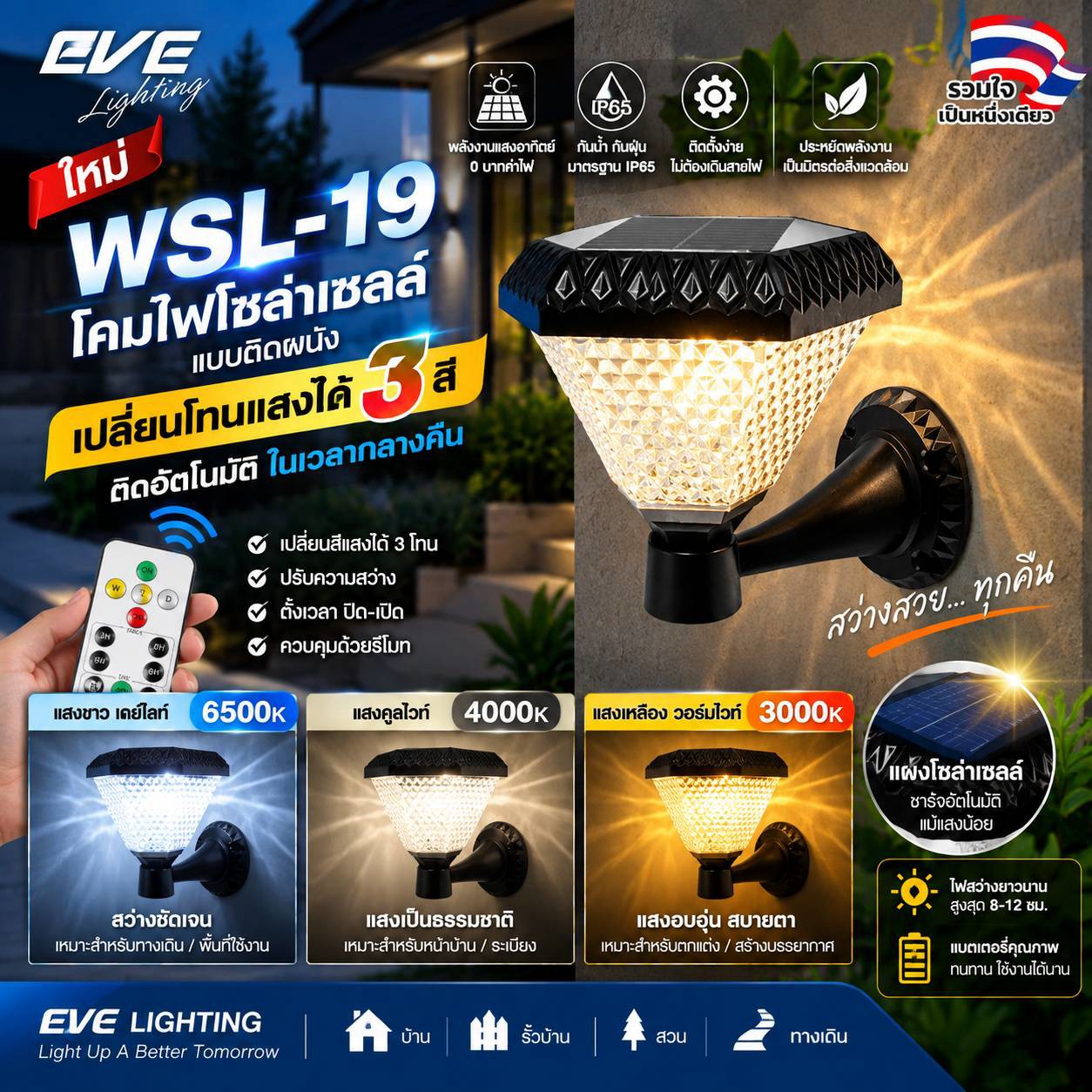 โคมโซล่าเซลล์แอลอีดี ติดผนัง WSL-19 
