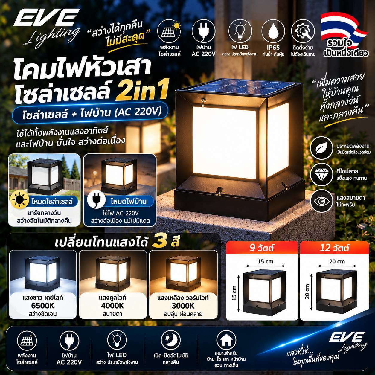 โคมไฟหัวเสา 2 in 1 แบบโซล่าและใส่หลอดแอลอีดี 1xE27 ขนาด 150*150*175 mm