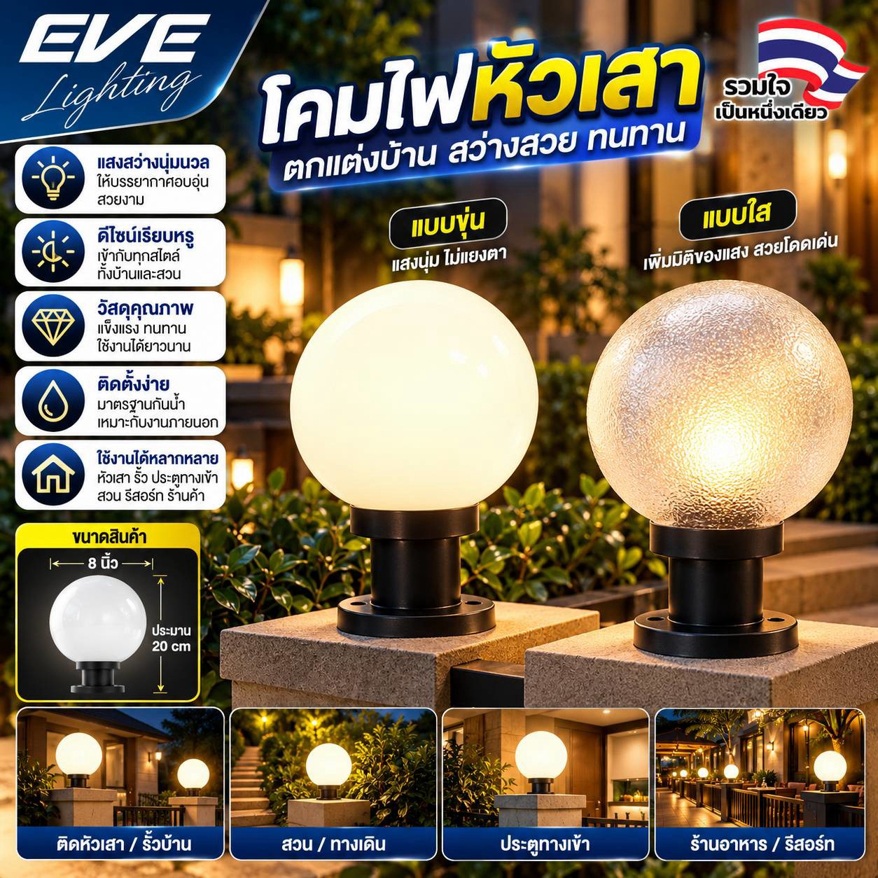 โคมไฟหัวเสาทรงกลม แบบใส ใส่หลอดแอลอีดี 1xE27