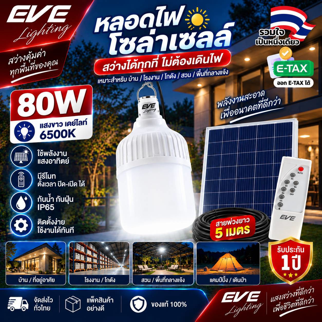  หลอดแอลอีดี โซล่าเซลล์ Shop bulb 80 วัตต์  เดย์ไลท์