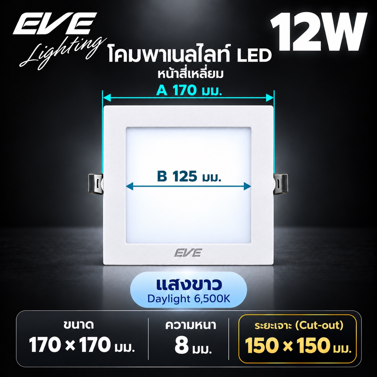 พาเนล เหลี่ยม 12W แสงขาว