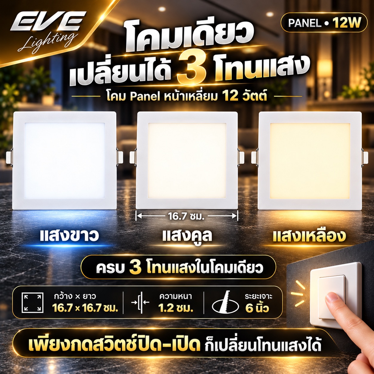 พาเนลหน้าเหลี่ยม เปลี่ยนสี 12 วัตต์