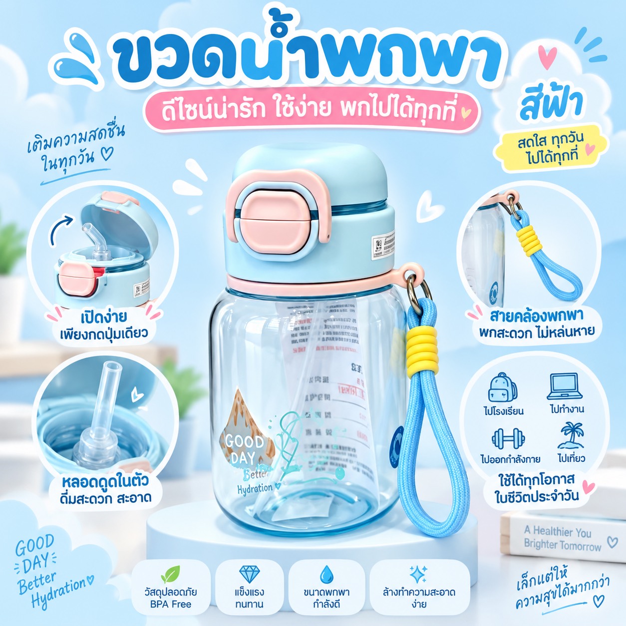 กระติกน้ำ สีฟ้า