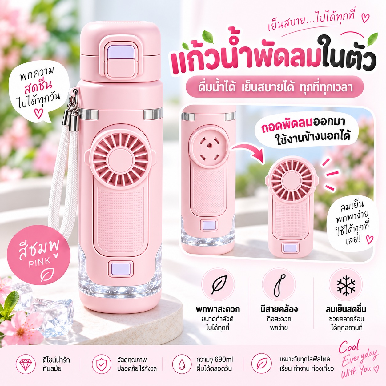 กระติกน้ำพัดลมในตัว สีชมพู