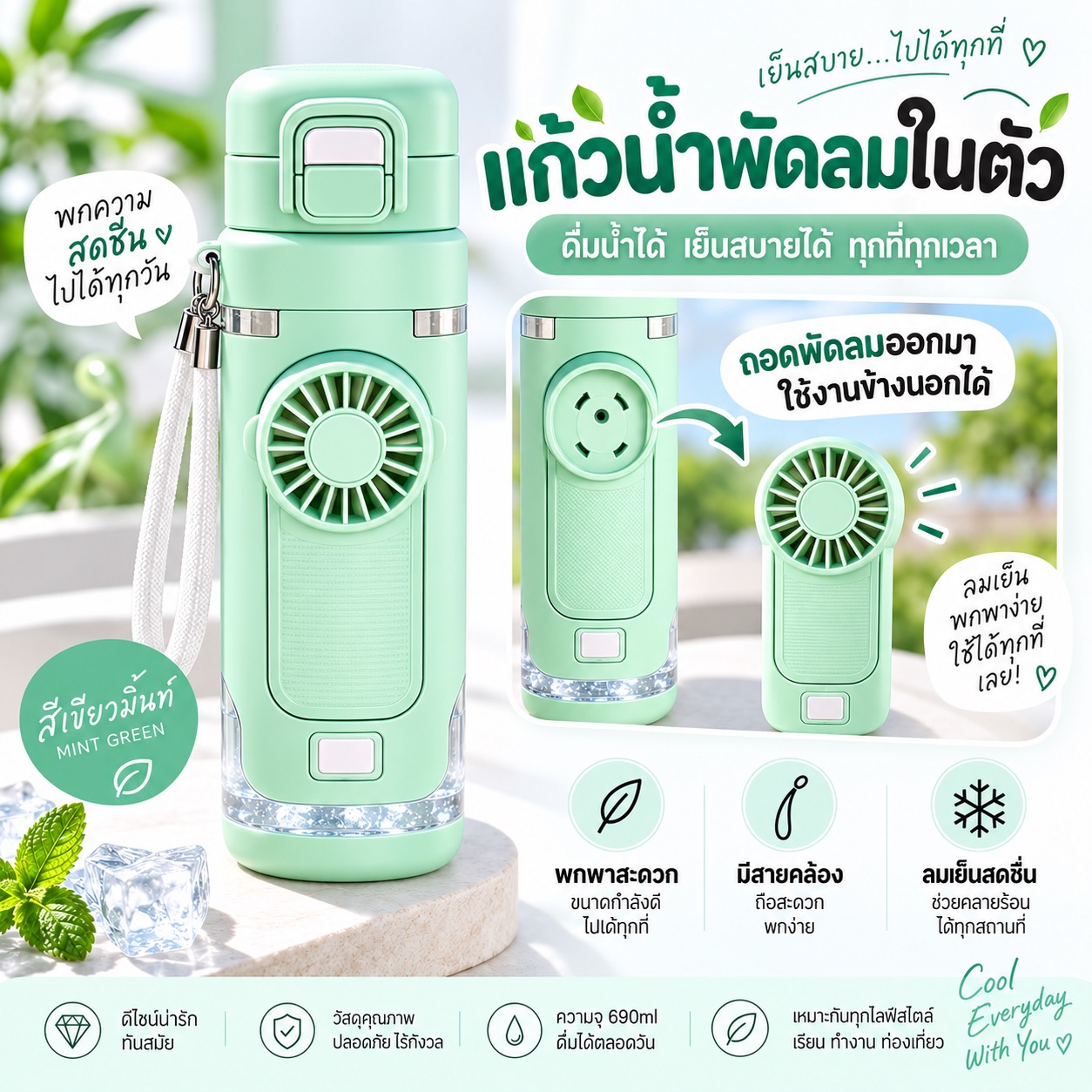 กระติกน้ำพัดลมในตัว สีเขียว