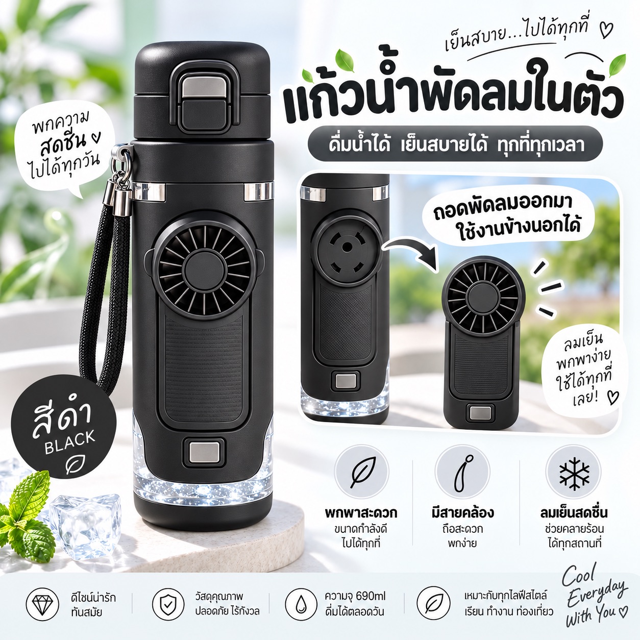กระติกน้ำพัดลมในตัว สีดำ