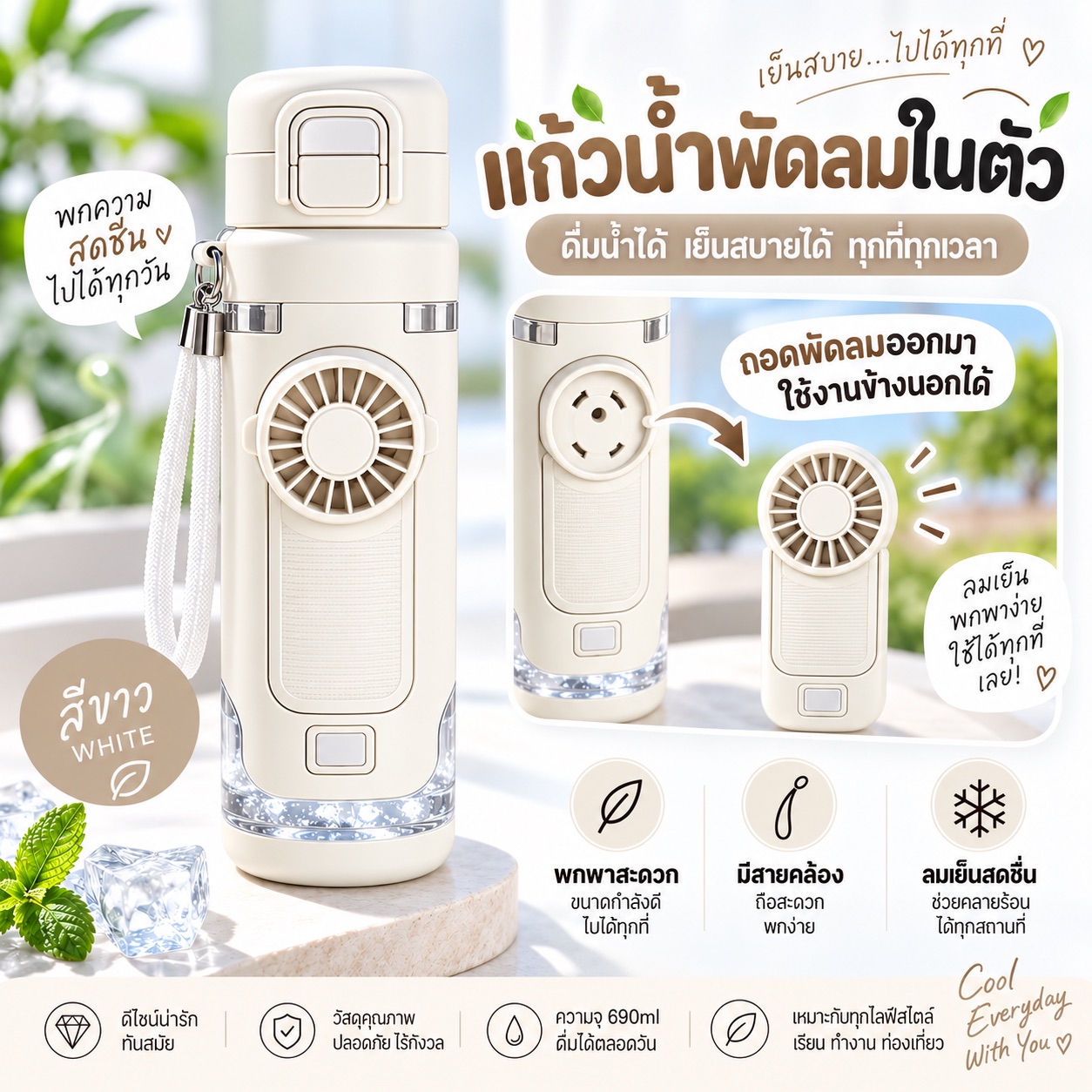 กระติกน้ำพัดลมในตัว สีครีม
